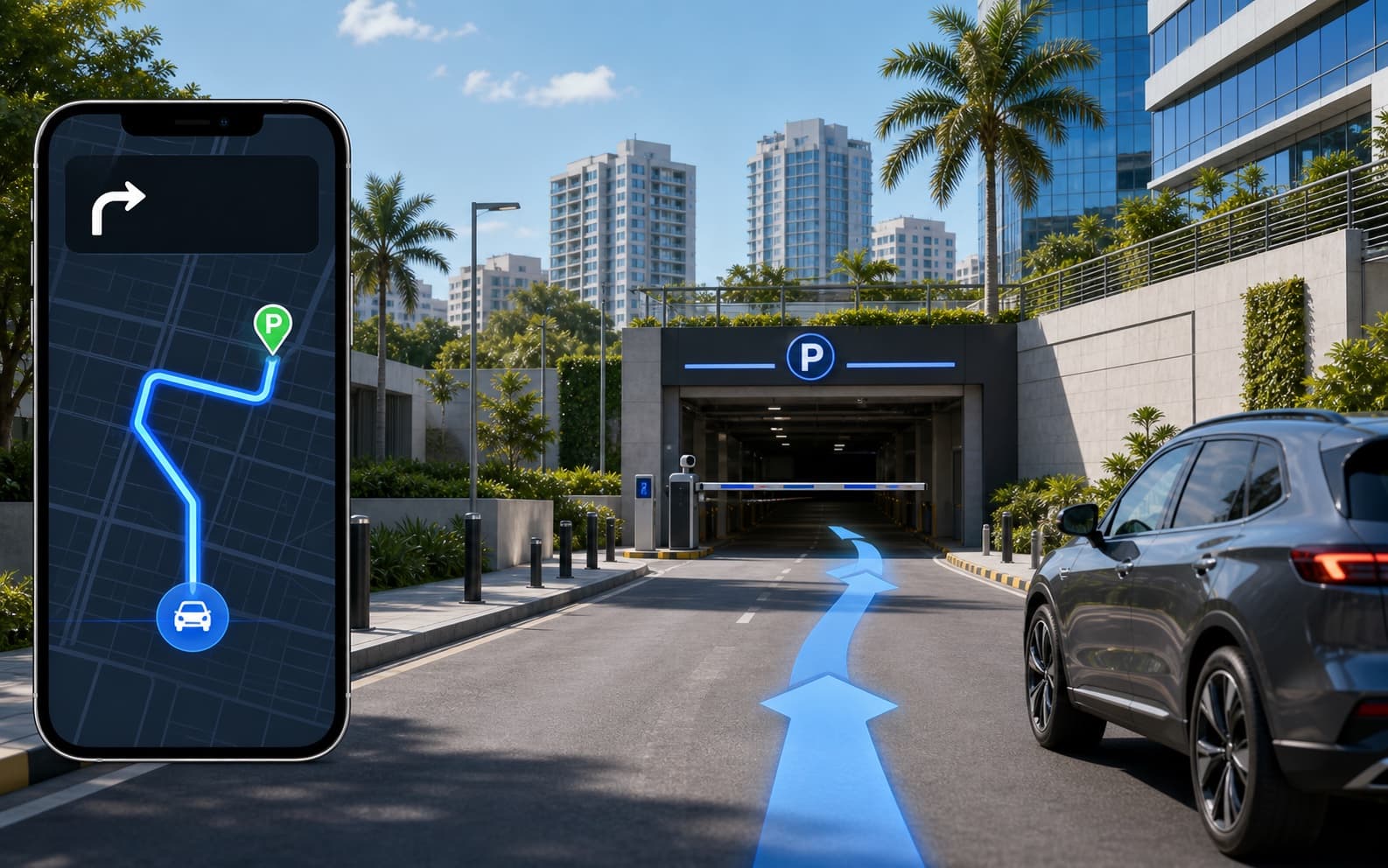 Navigation route leading a driver to a parking entrance