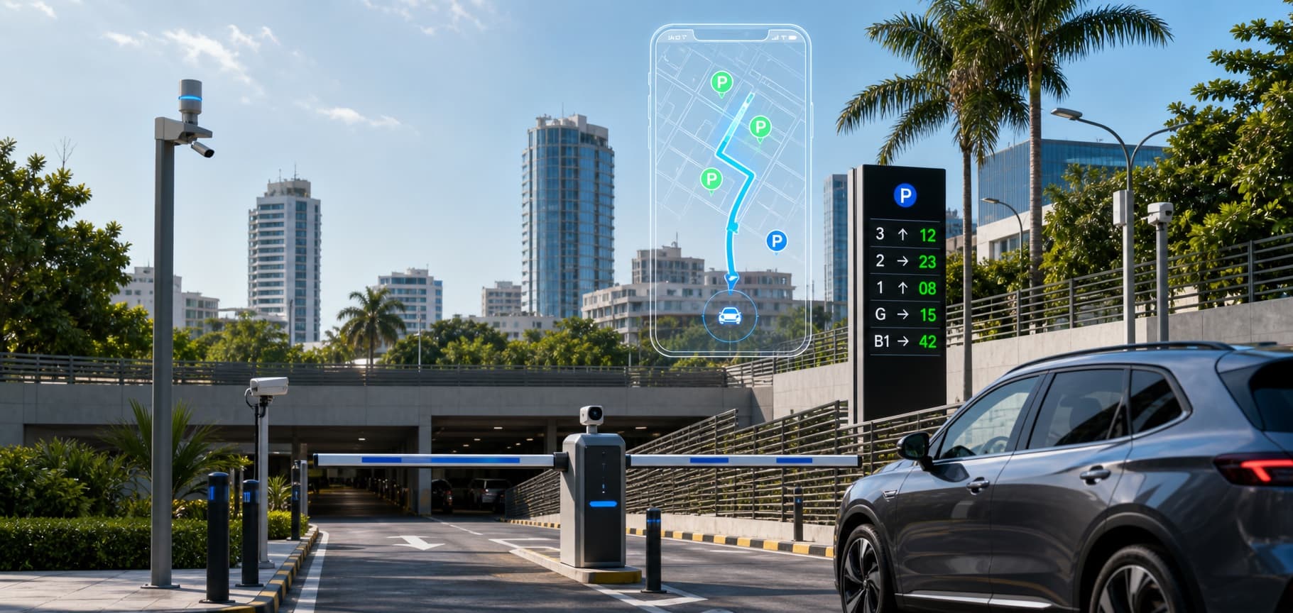 Smart parking entrance with Parqo navigation guidance