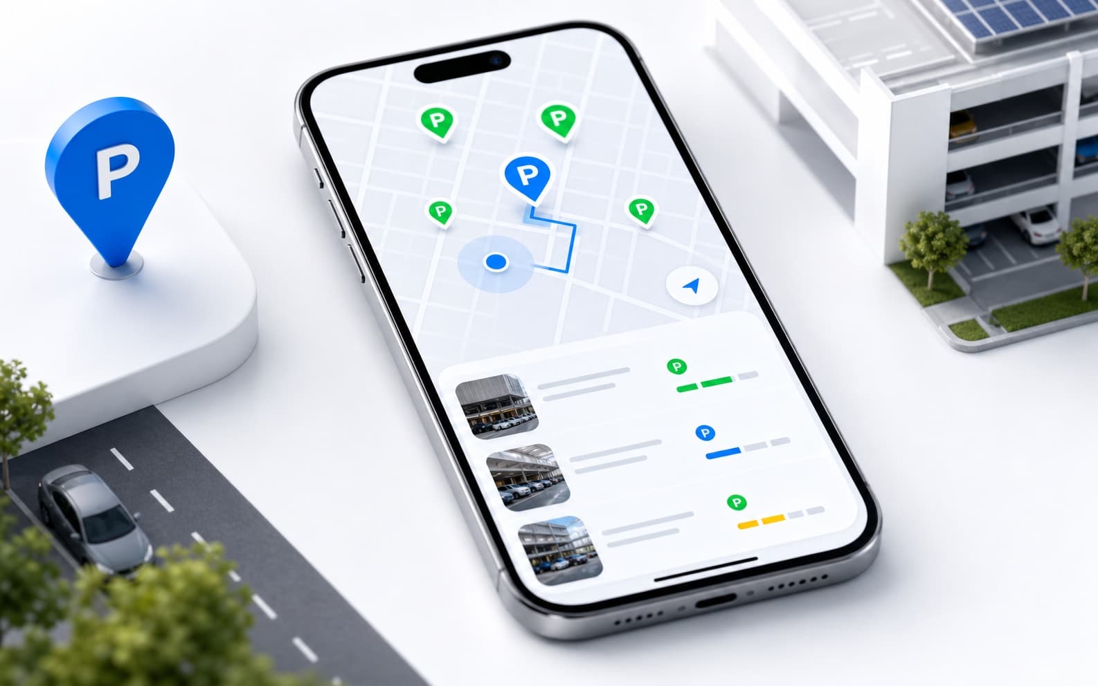 Parqo app showing nearby parking options on a map