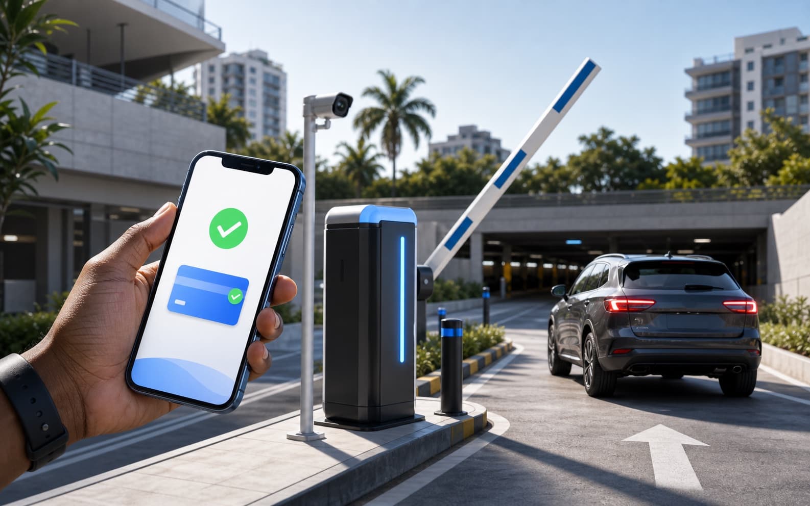Phone payment confirmation beside an open parking barrier
